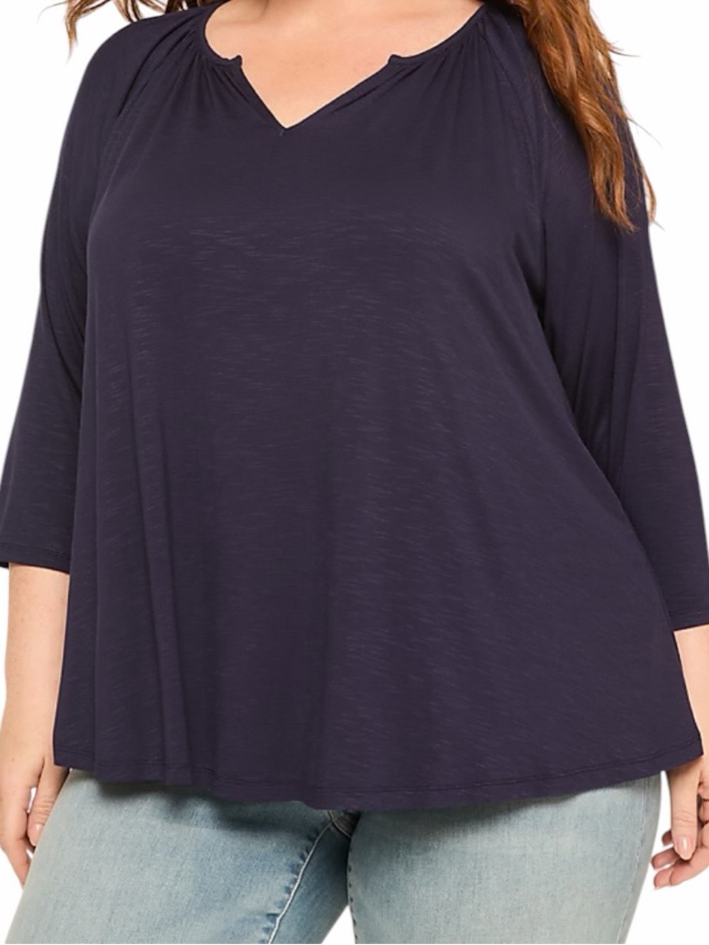 Lane Bryant Navy Blue Jersey Notched V-Neck 3/4 Sleeve Swing Top 18